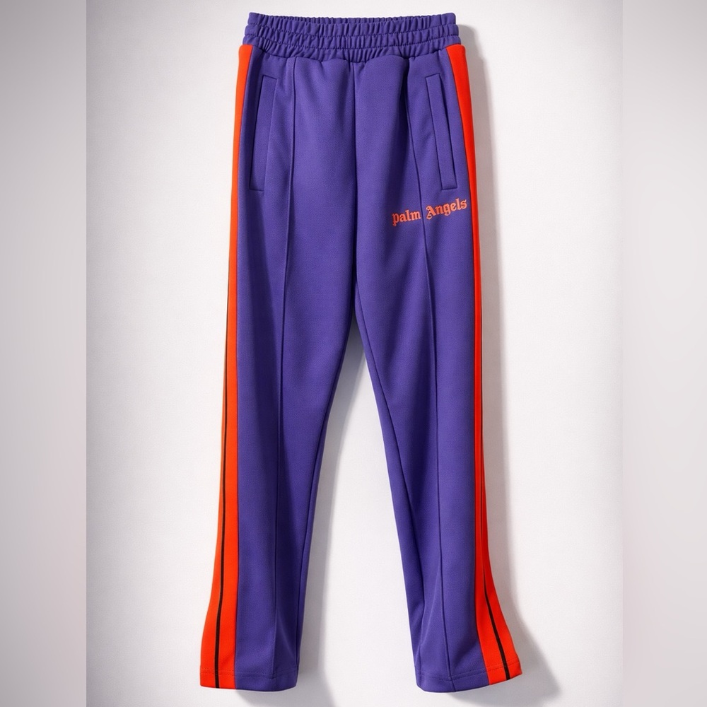 Palm Angels Track Pants, elastic waist, zip cuffs, purple/orange stripes, XS,GUC